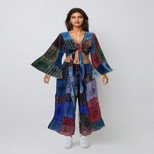 Blue Handmade BoHo‎ Motif Patchwork Palazzo Pants with Flare Sleeve Top 2-Piece